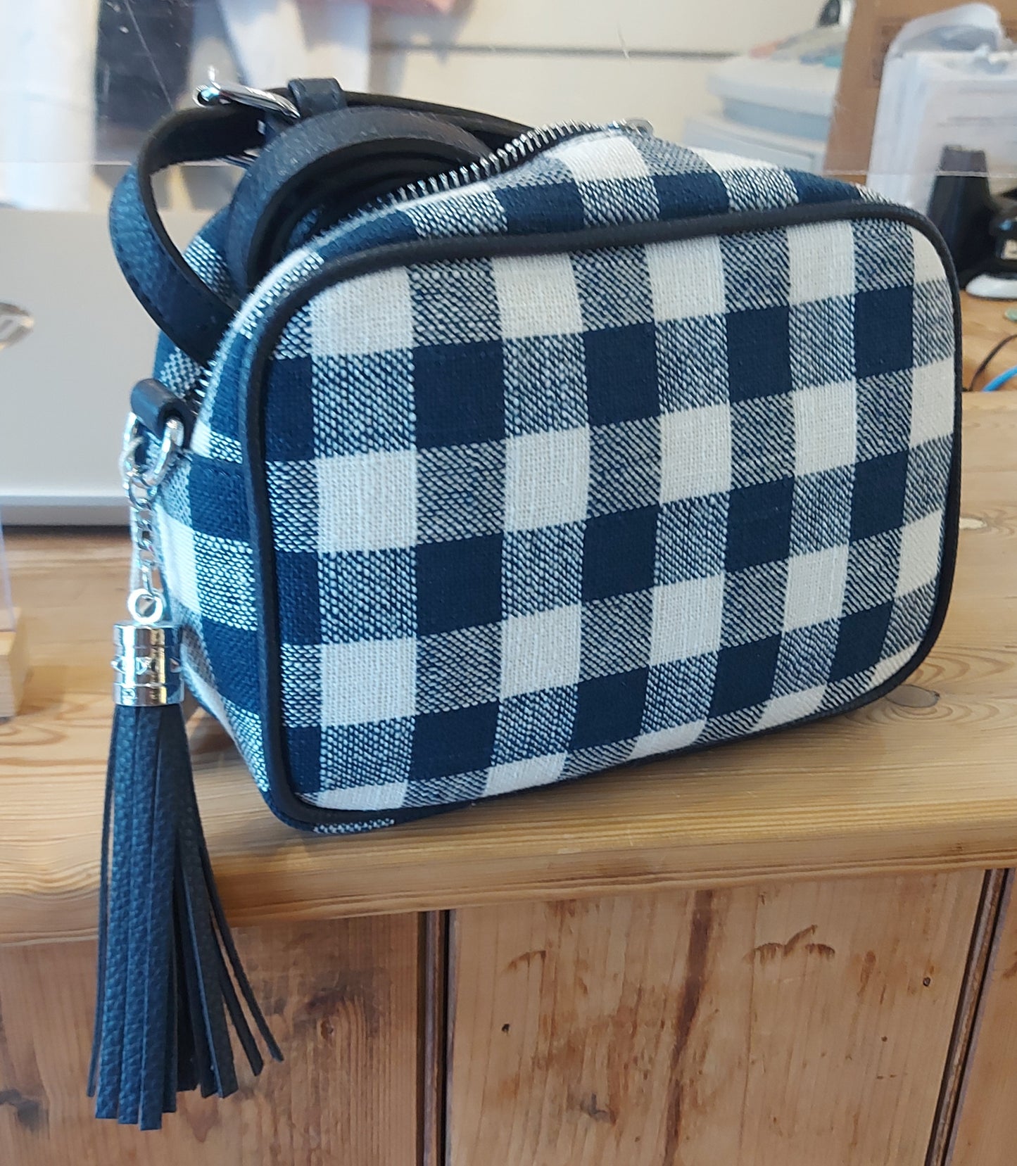 Faux Leather Camera Bag - NAVY & WHITE