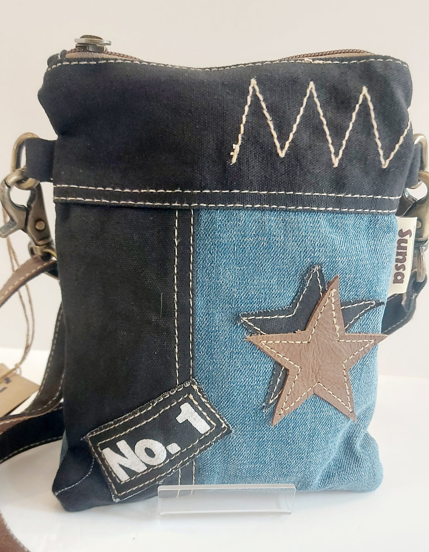Denim & Leather Shoulder Bag - Blue/Black/Brown