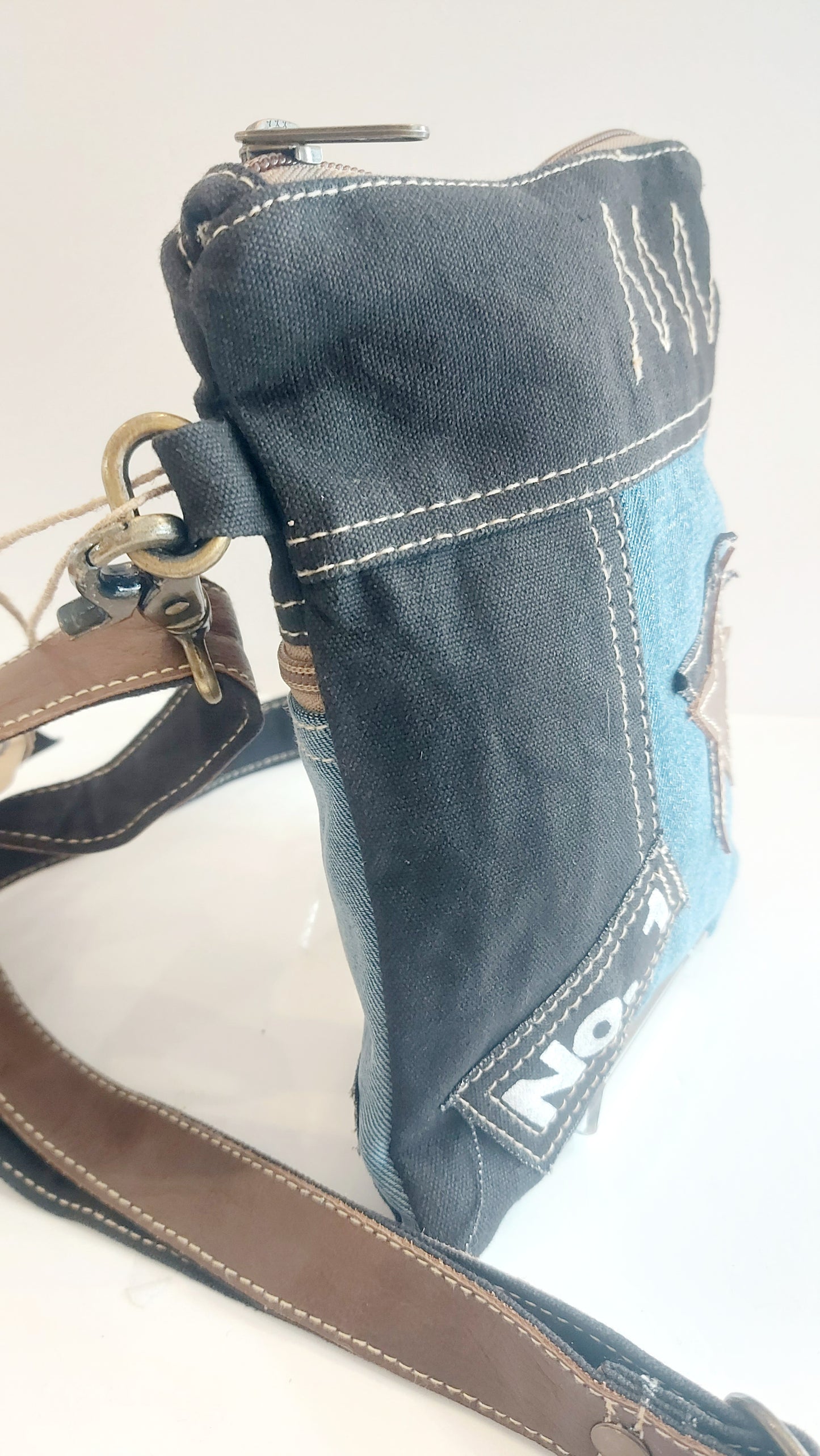 Denim & Leather Shoulder Bag - Blue/Black/Brown