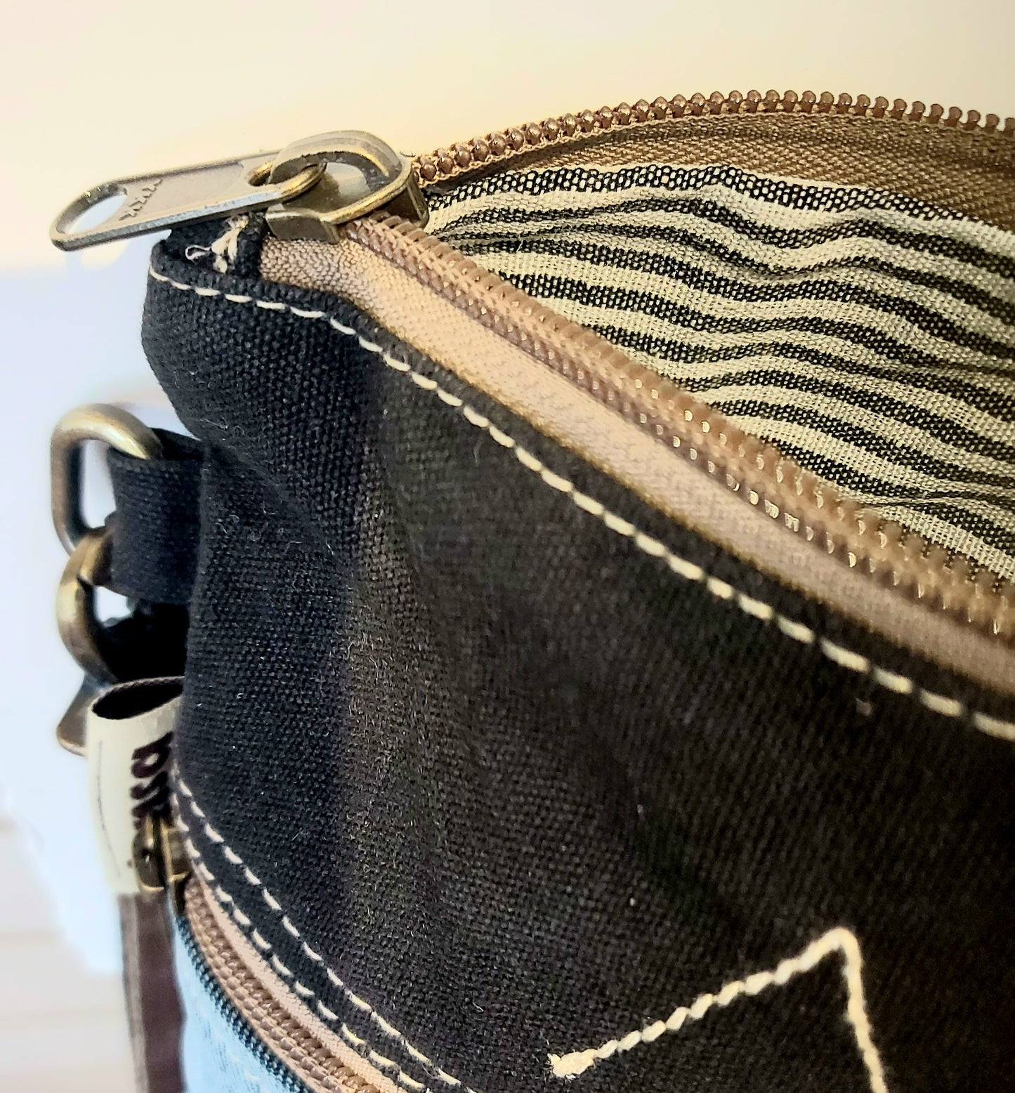 Denim & Leather Shoulder Bag - Blue/Black/Brown