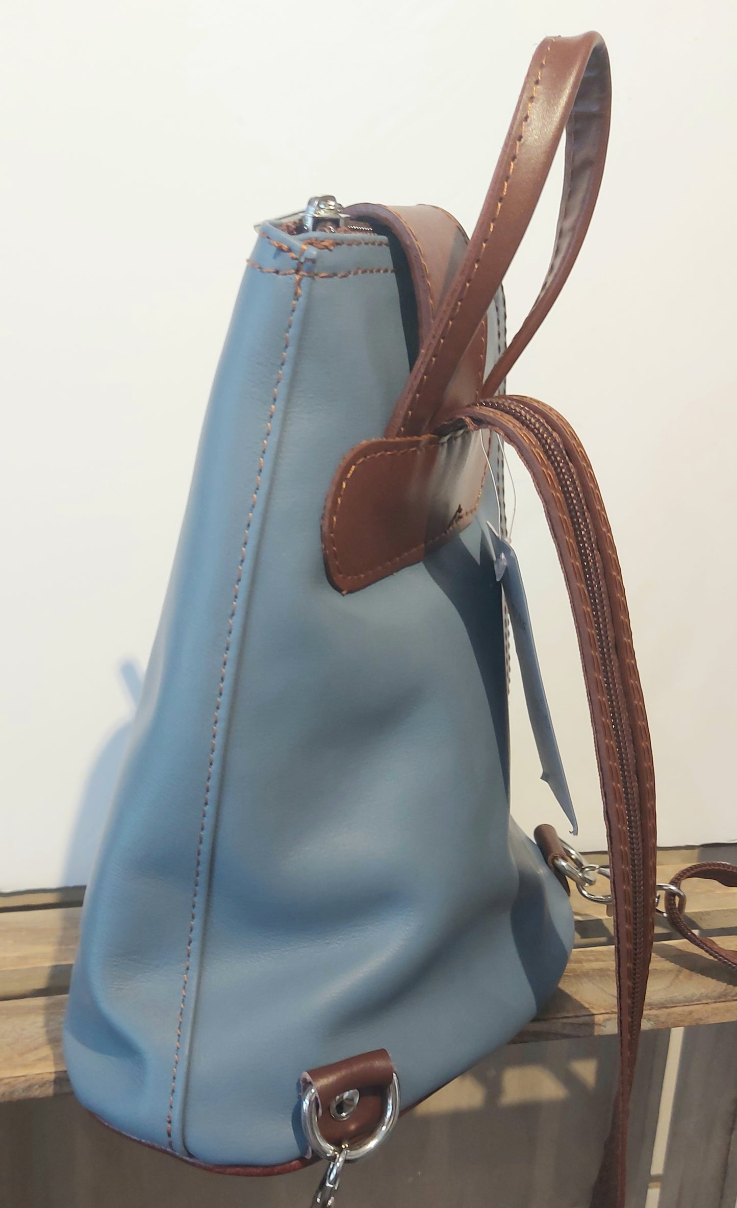 Italian Leather Mini Back-Pack - Denim Blue & Chocolate