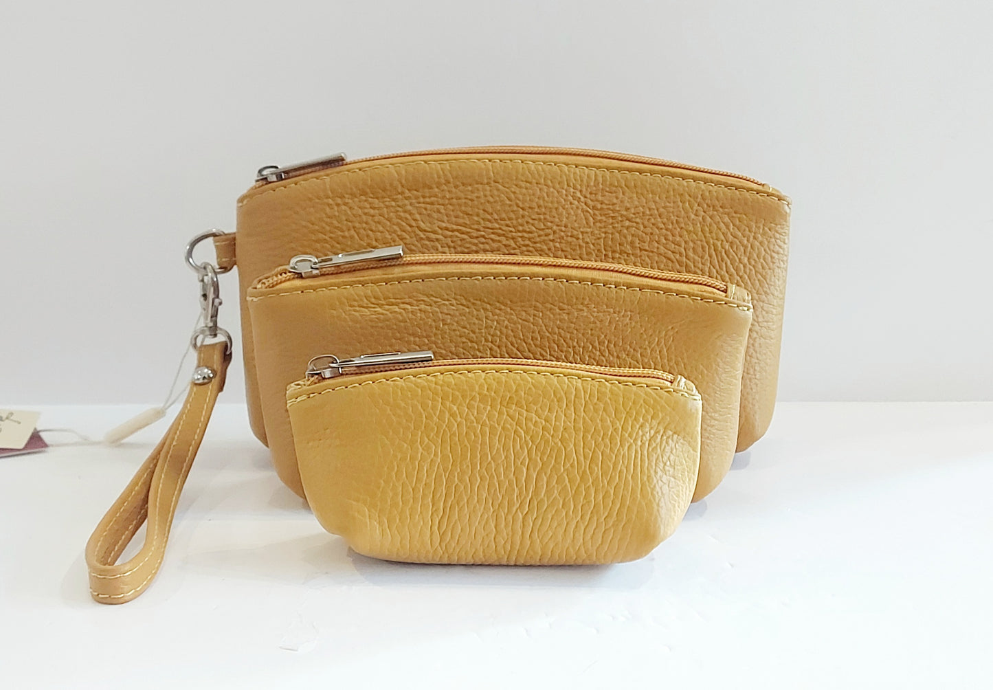 Trio of Leather Make-Up Bags/Pouches - Mustard Yellow