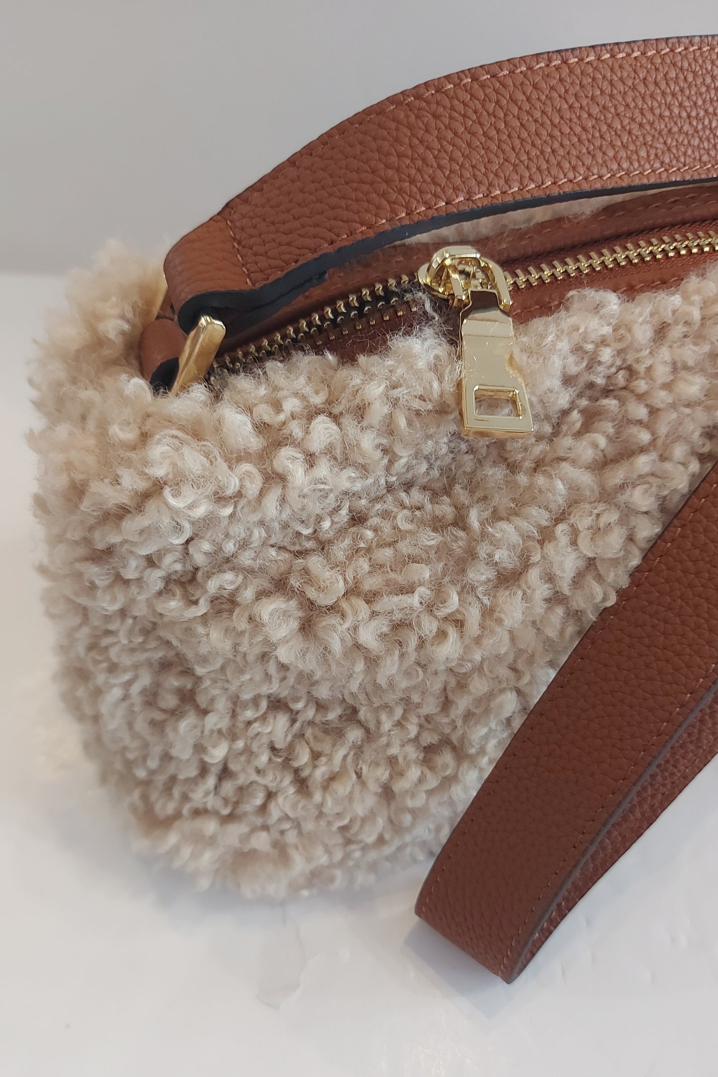 Faux Shearling/Sheepskin Shoulder Bag - Natural & Tan