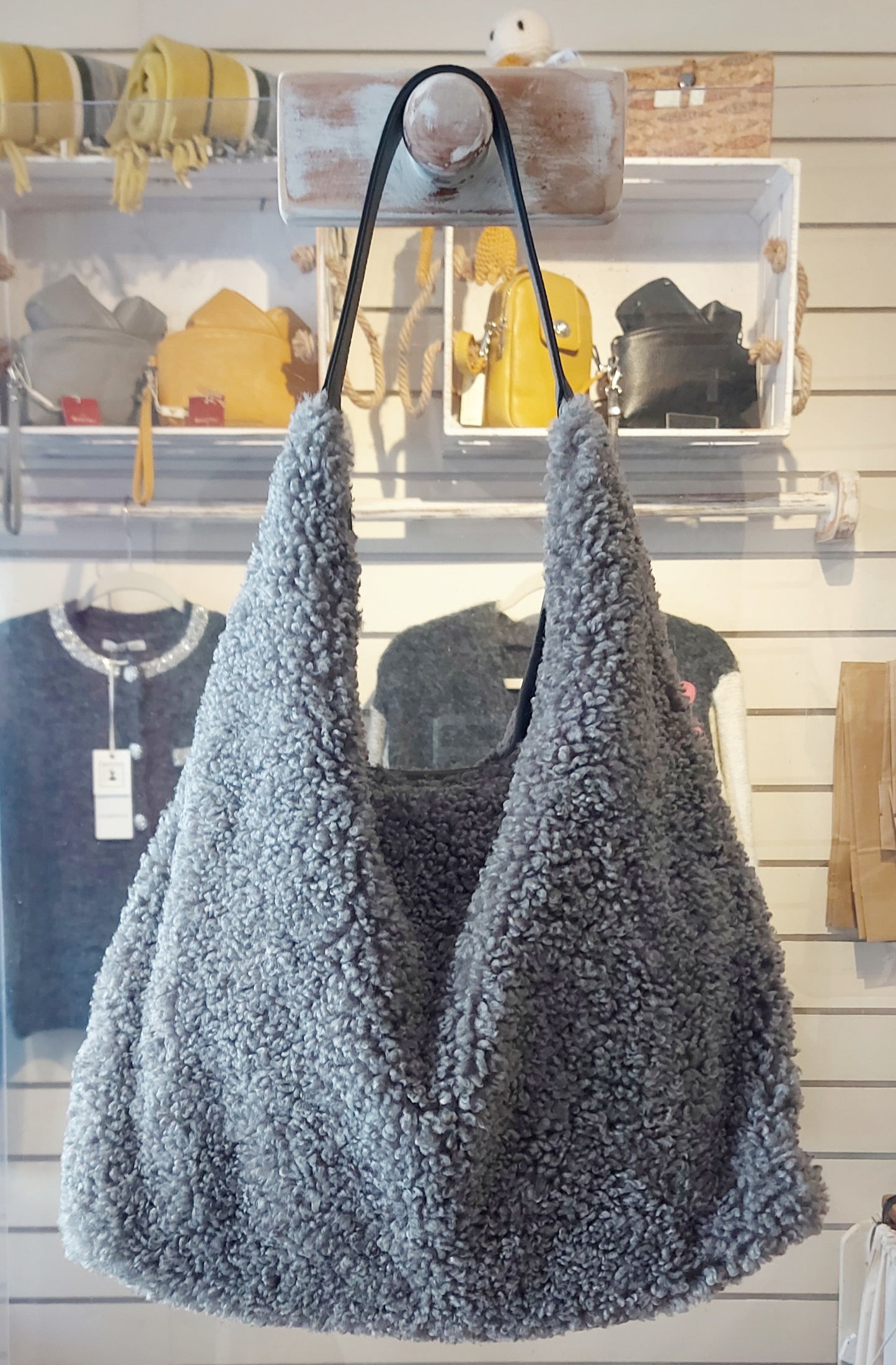 Faux Shearling Shoulder Bag - Grey or Natural