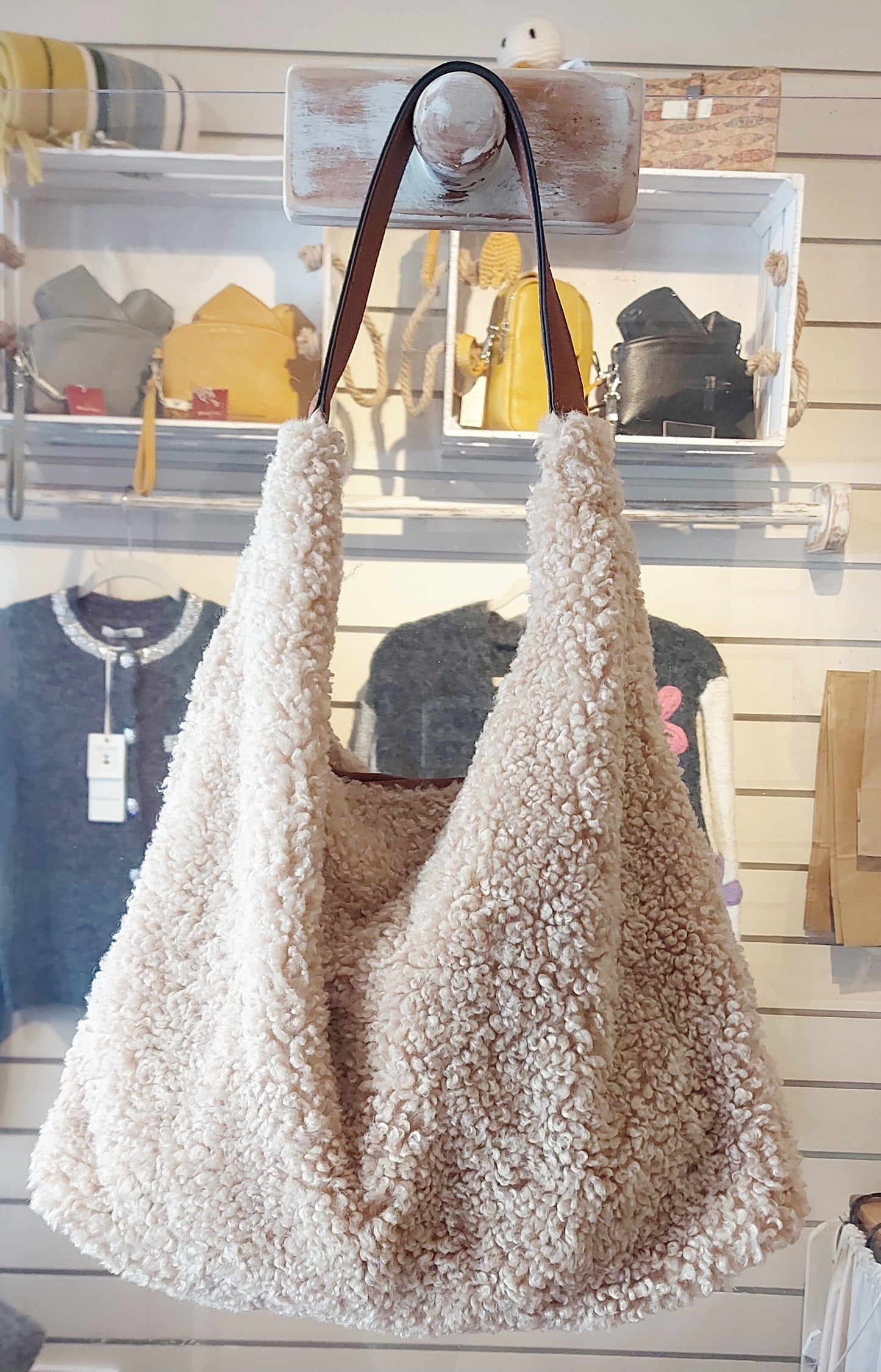 Faux Shearling Shoulder Bag - Grey or Natural