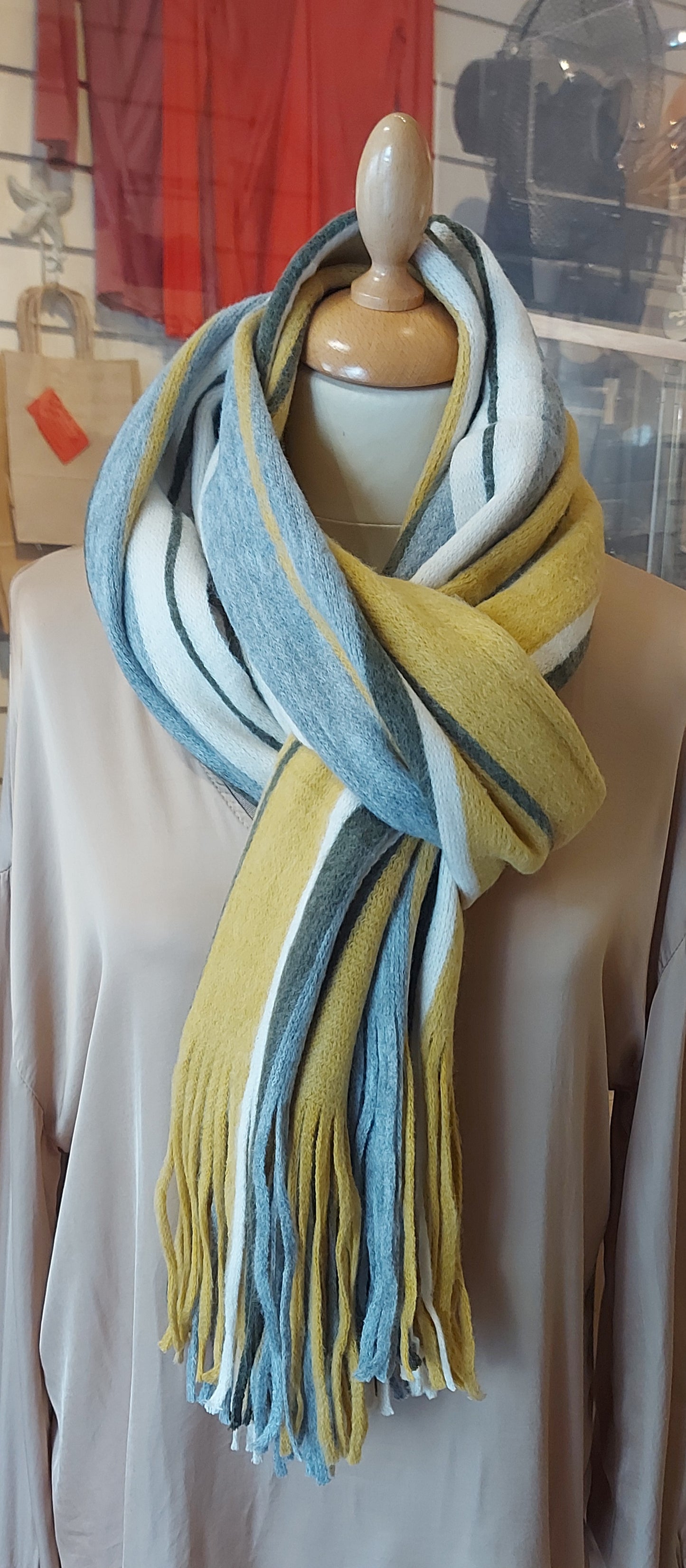 Long Striped Scarf - Pastels: Mustard/Camel/Navy