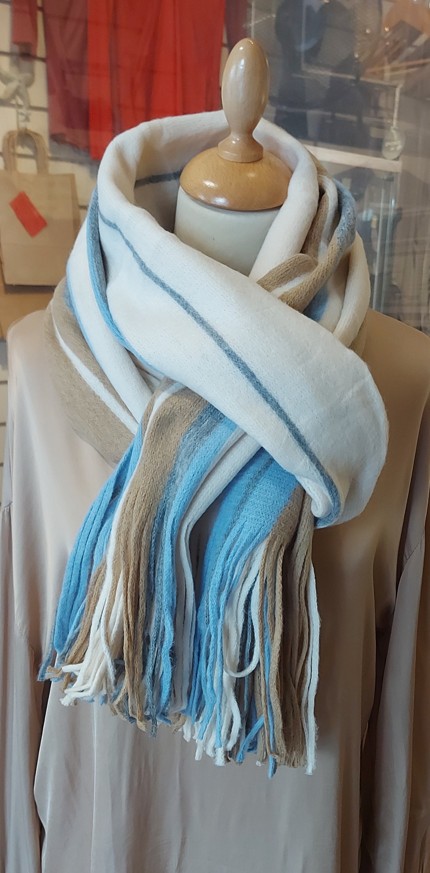 Long Striped Scarf - Pastels: Mustard/Camel/Navy