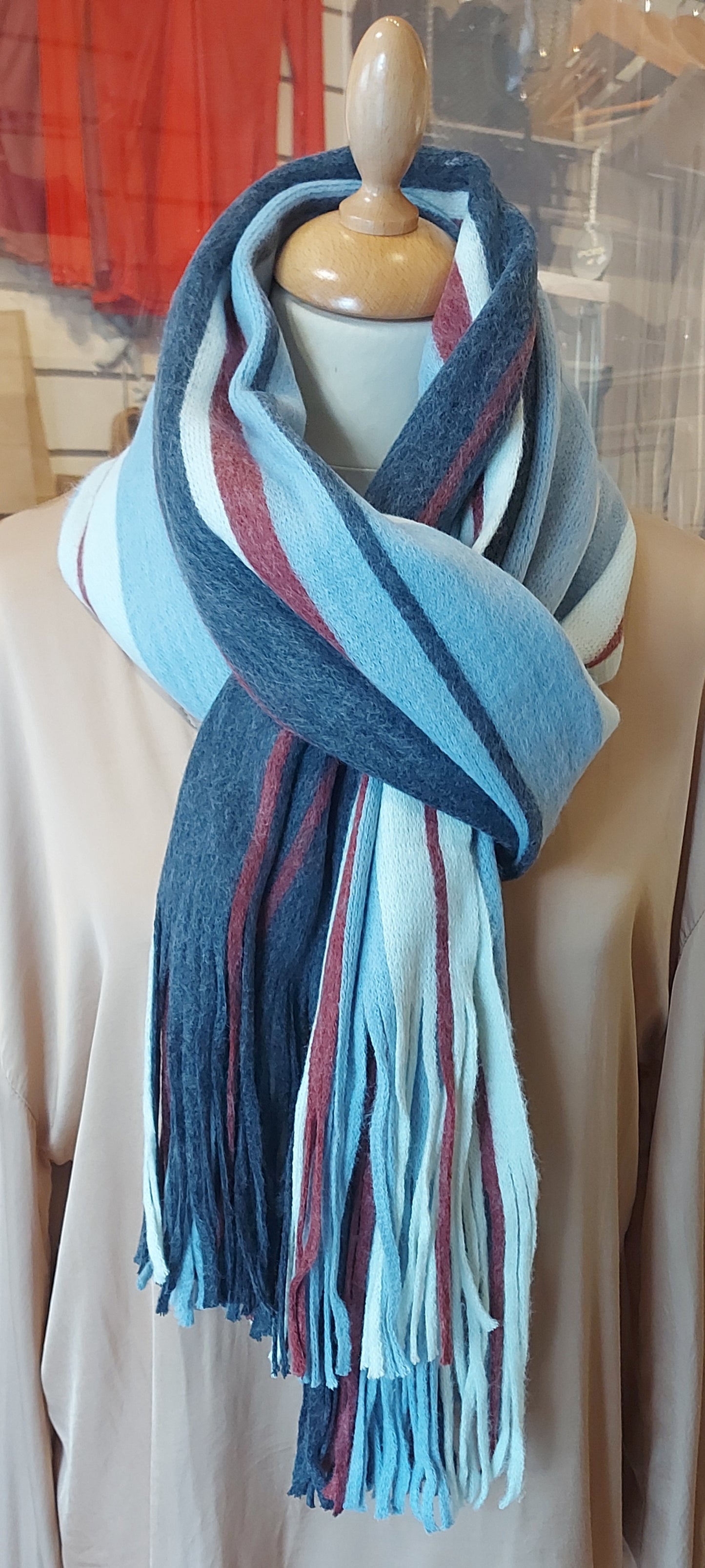 Long Striped Scarf - Pastels: Mustard/Camel/Navy