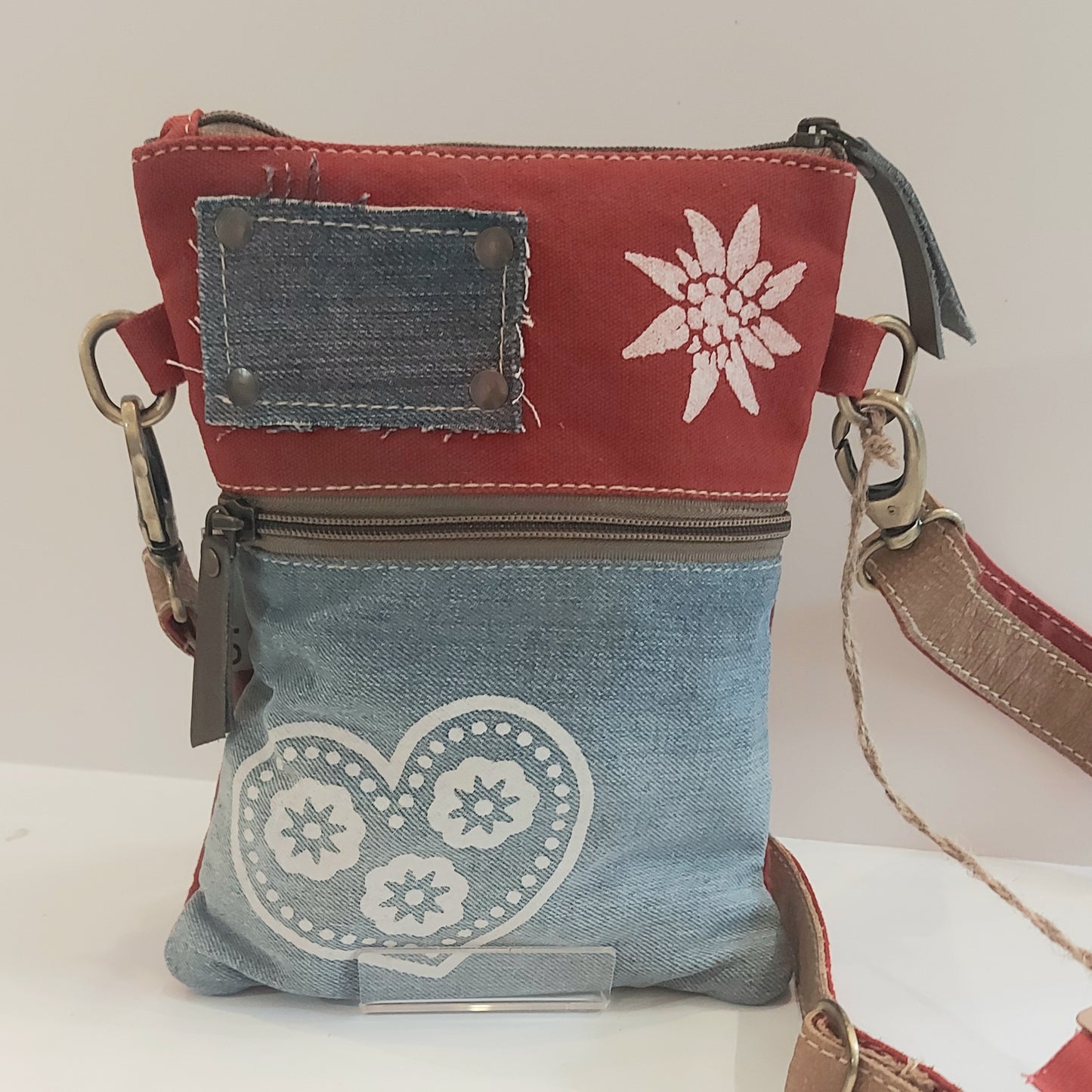 Denim & Leather Shoulder Bag/Cross-Body Bag - Red, White & Blue
