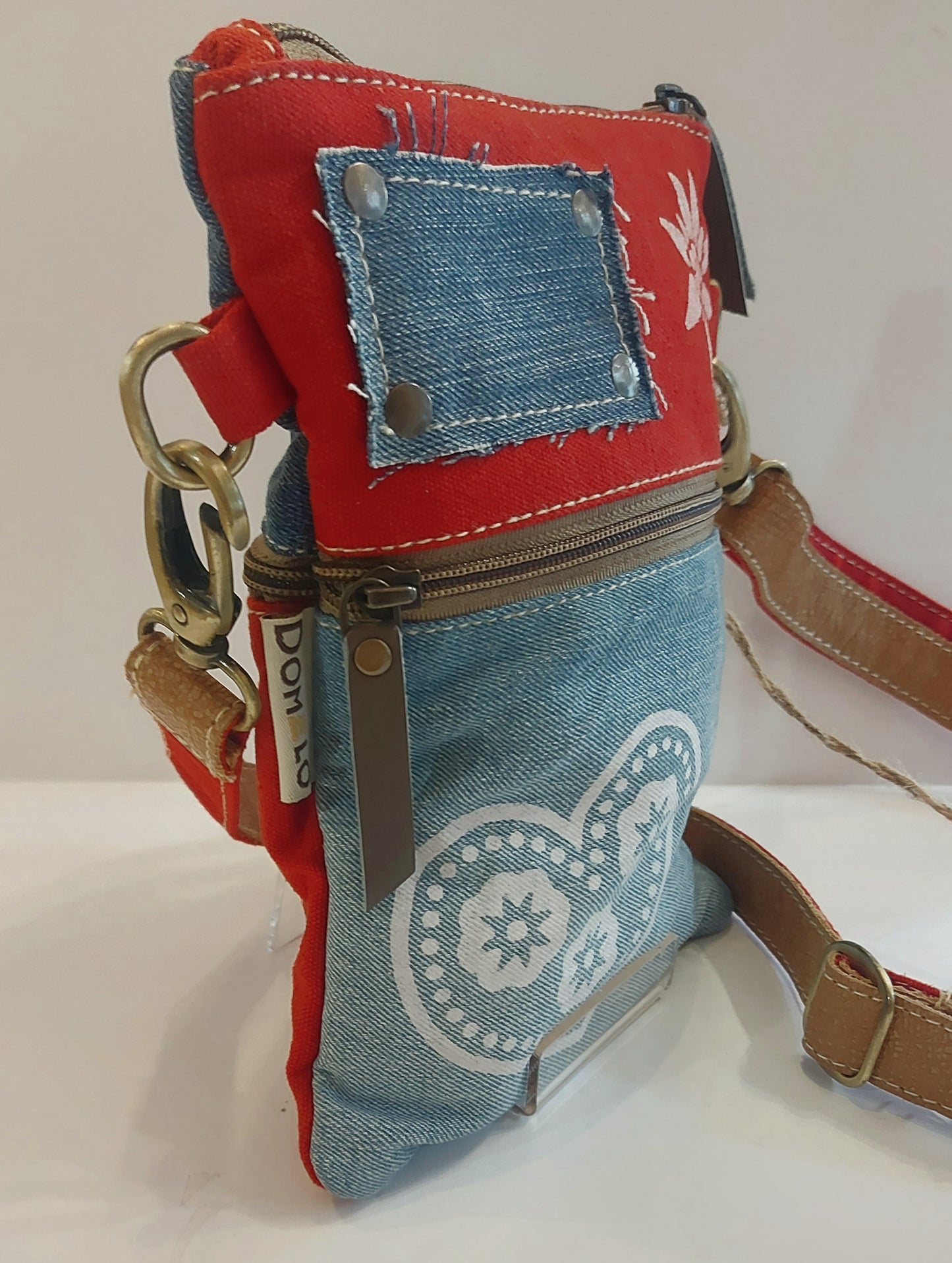 Denim & Leather Shoulder Bag/Cross-Body Bag - Red, White & Blue