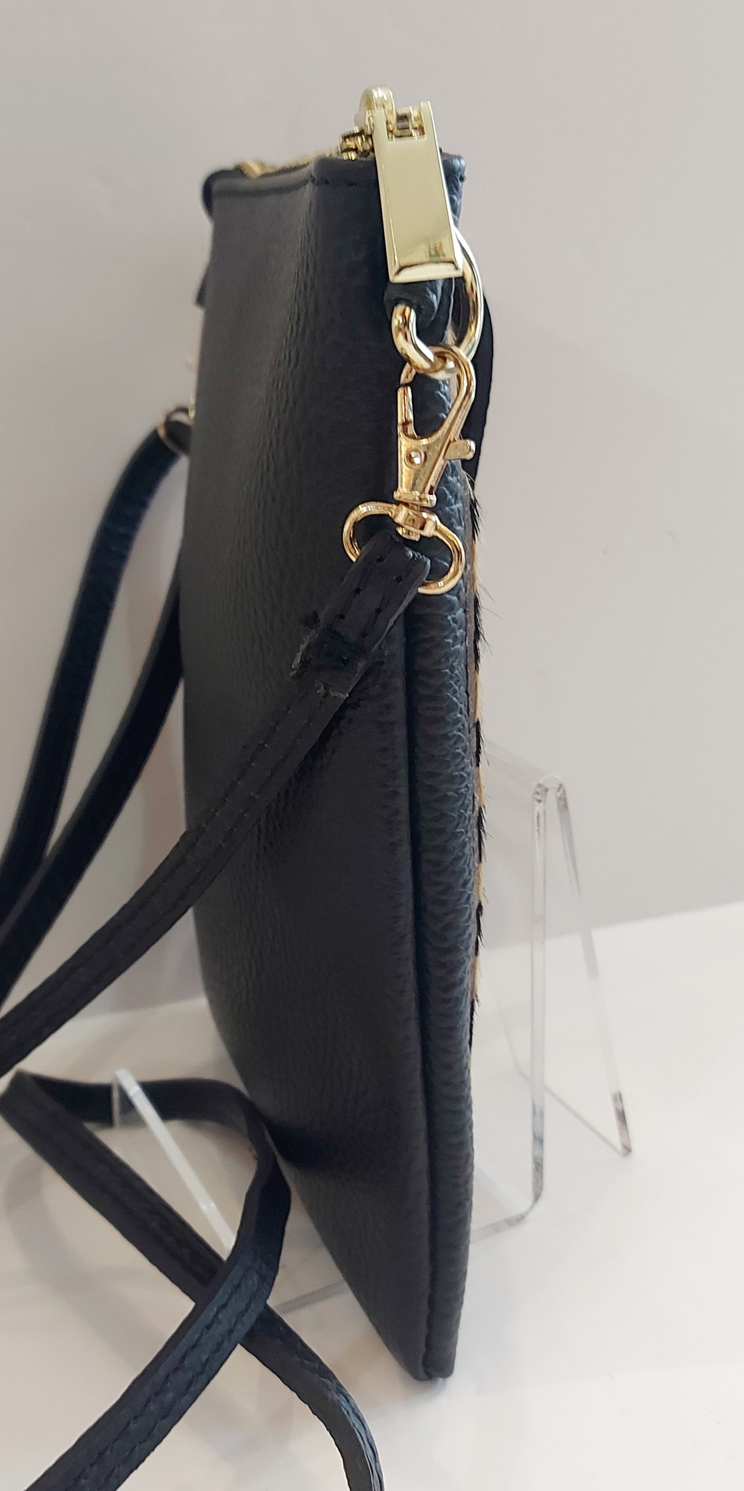 Leather Mini Shoulder/Cross-Body/Phone Bag - Black & Tiger Animal Print