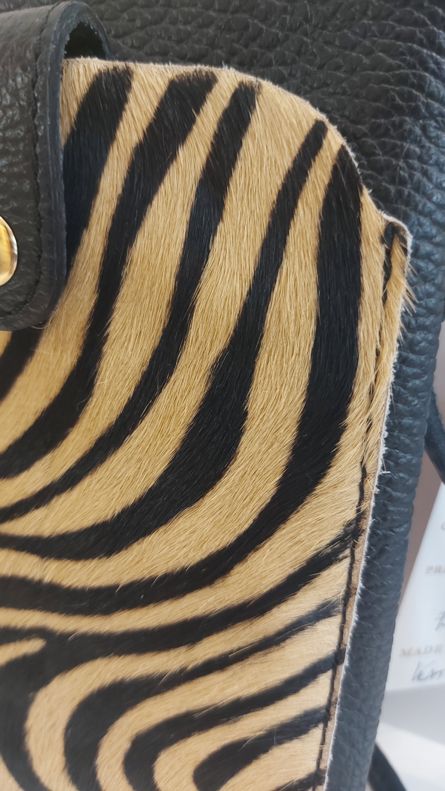 Leather Mini Shoulder/Cross-Body/Phone Bag - Black & Tiger Animal Print
