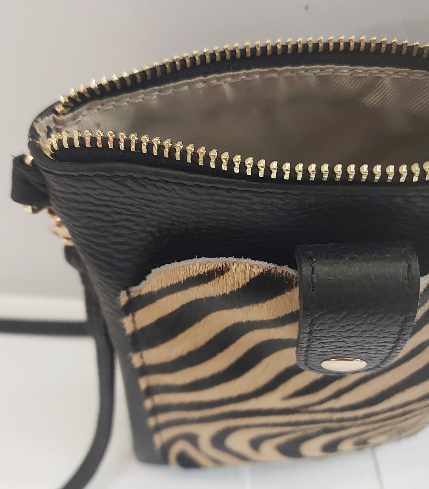 Leather Mini Shoulder/Cross-Body/Phone Bag - Black & Tiger Animal Print