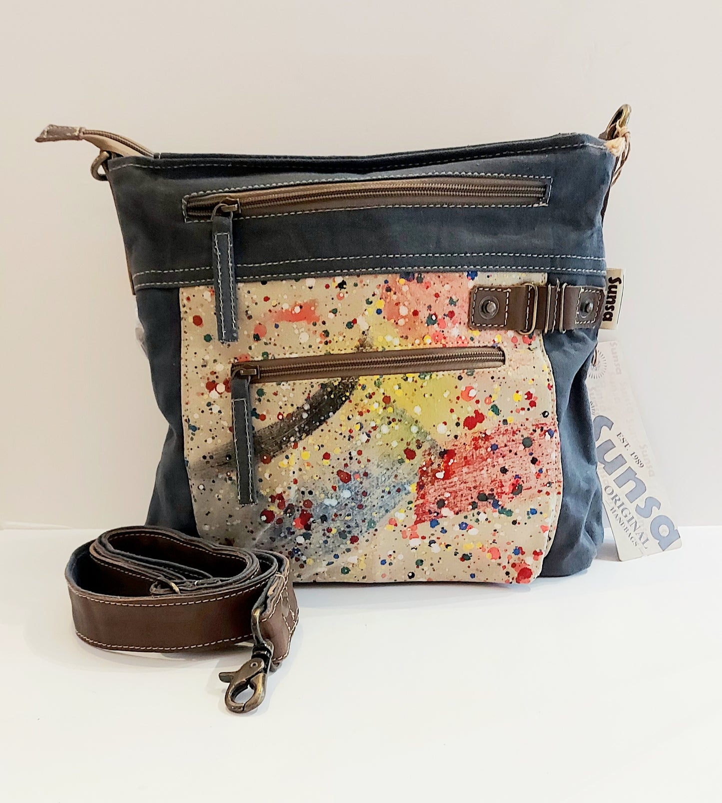 Leather & Canvas Cross-Body/Shoulder Bag - Paint Splash