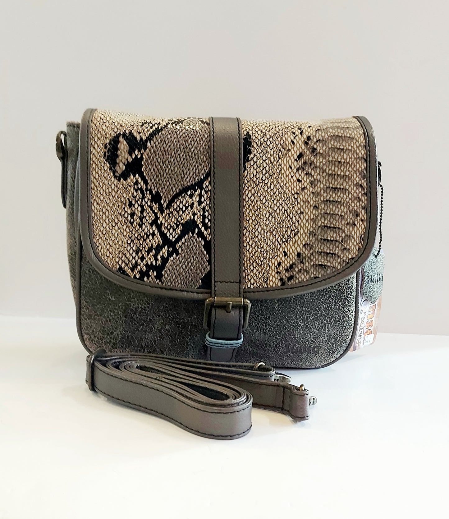 Leather & Canvas Cross-Body/Shoulder Bag - Animal Print (Snake)