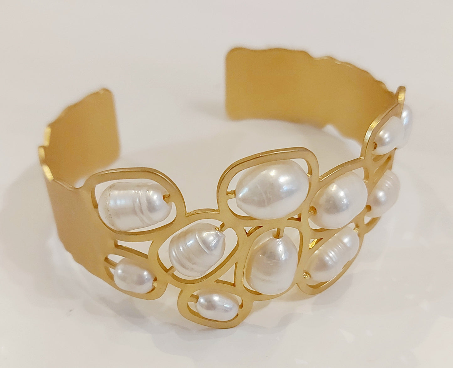 Cuff Bangle with Real Freshwater Pearls - Gold