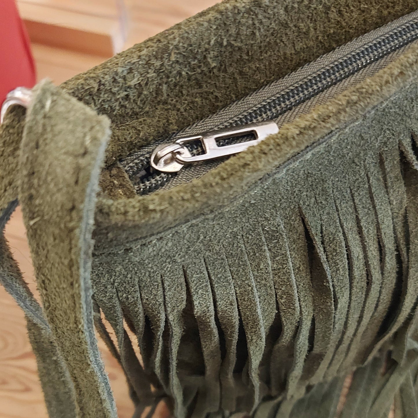 Soft Real Suede Fringe Bag - Olive / Khaki Green