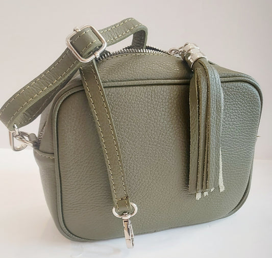 Italian Leather Cross-Body/Shoulder Bag - Khaki Green