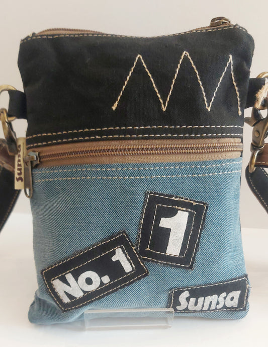 Denim & Leather Shoulder Bag - Blue/Black/Brown