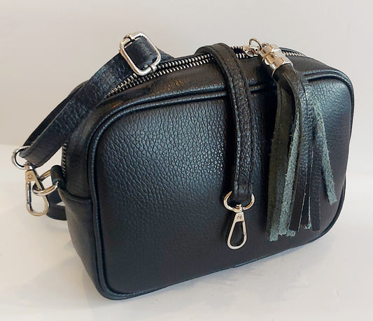 Italian Leather Cross-Body/Shoulder/Camera Bag - Black