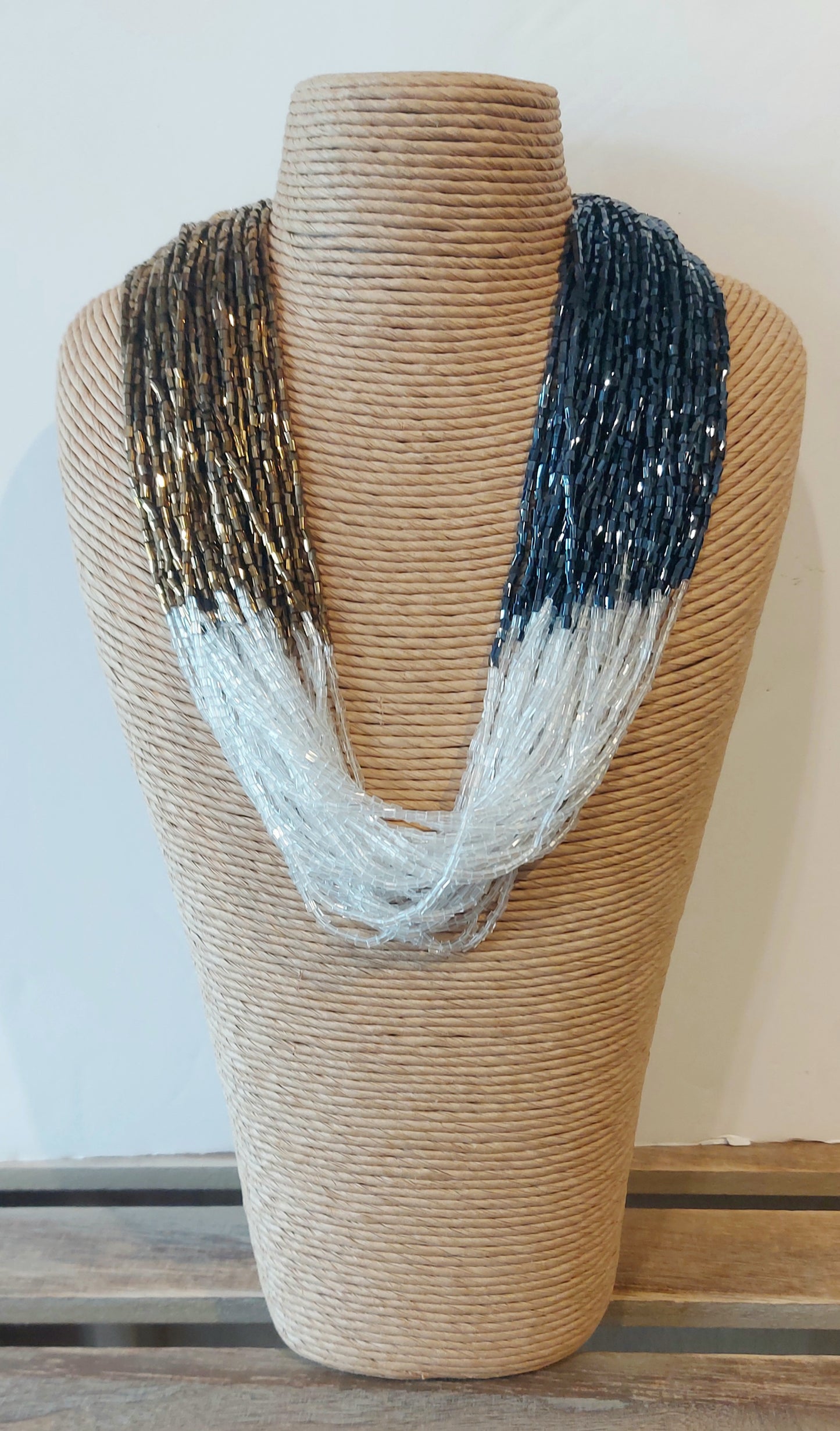Multi-Strand Necklace - Blue/Bronze/White