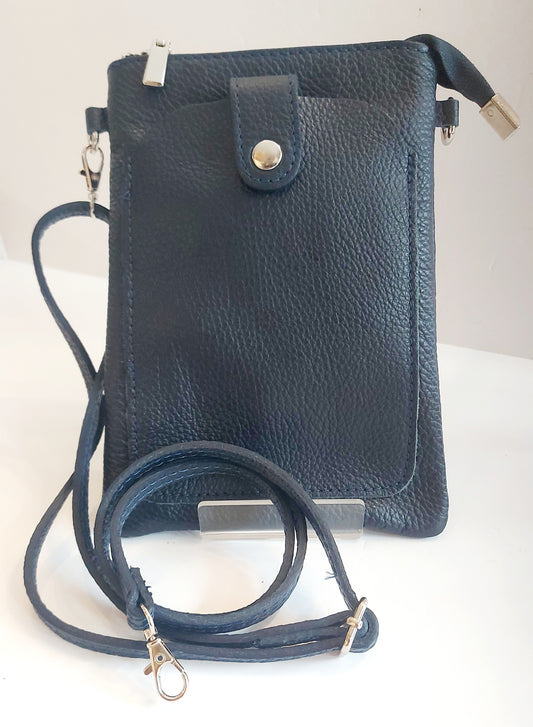 Leather Mini Shoulder Bag/Phone Pouch - Navy Blue