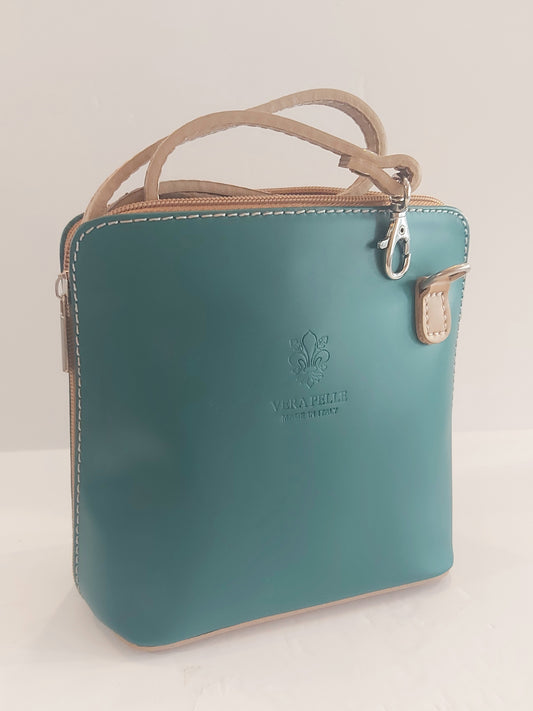 Italian Leather Cross-body/Shoulder Bag - Teal & Tan