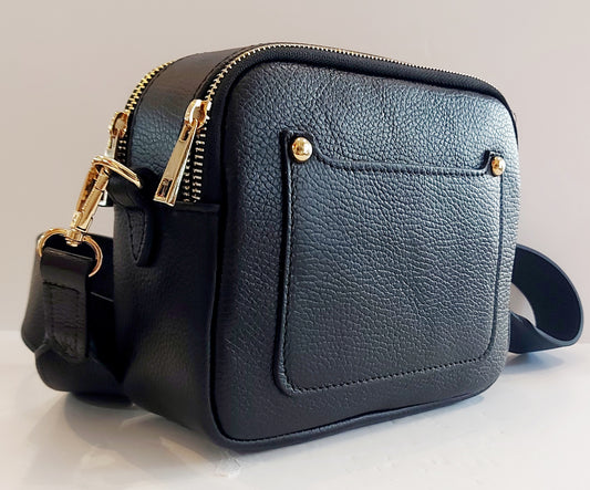 Italian Leather Shoulder/Cross-Body Bag - Black
