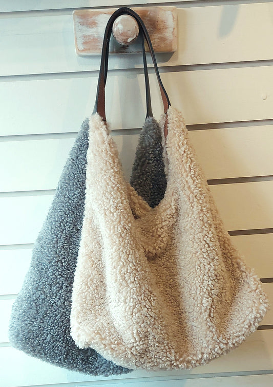 Faux Shearling Shoulder Bag - Grey or Natural
