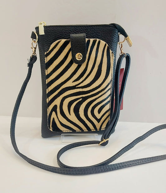 Leather Mini Shoulder/Cross-Body/Phone Bag - Black & Tiger Animal Print