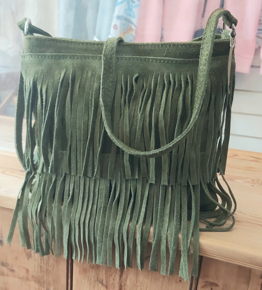 Soft Real Suede Fringe Bag - Olive / Khaki Green